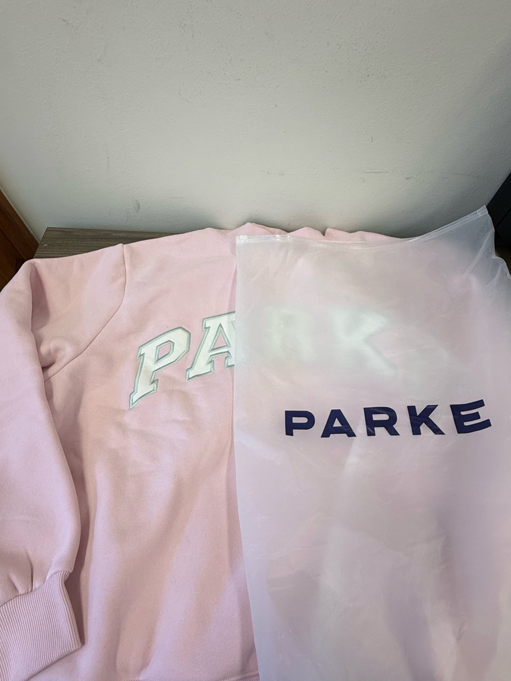 Parker Light Pink Pullover mockneck sweater with White Lettering